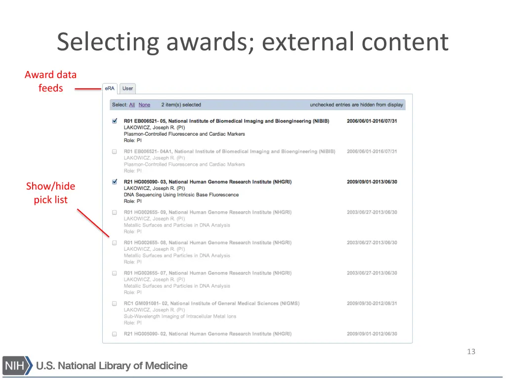 selecting awards external content