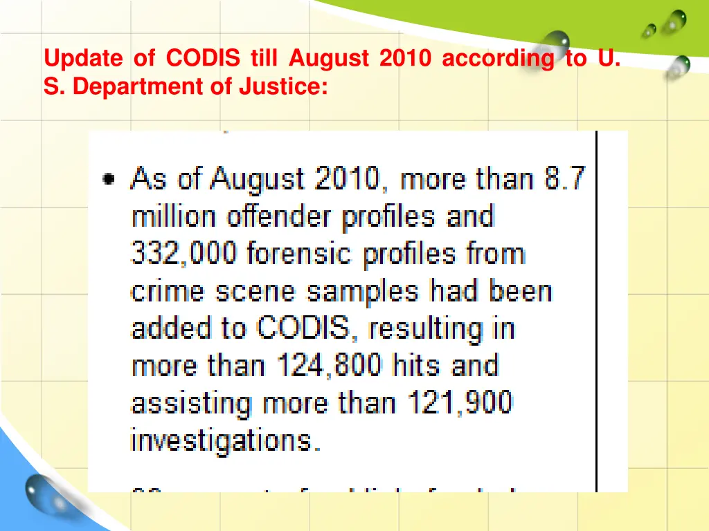 update of codis till august 2010 according