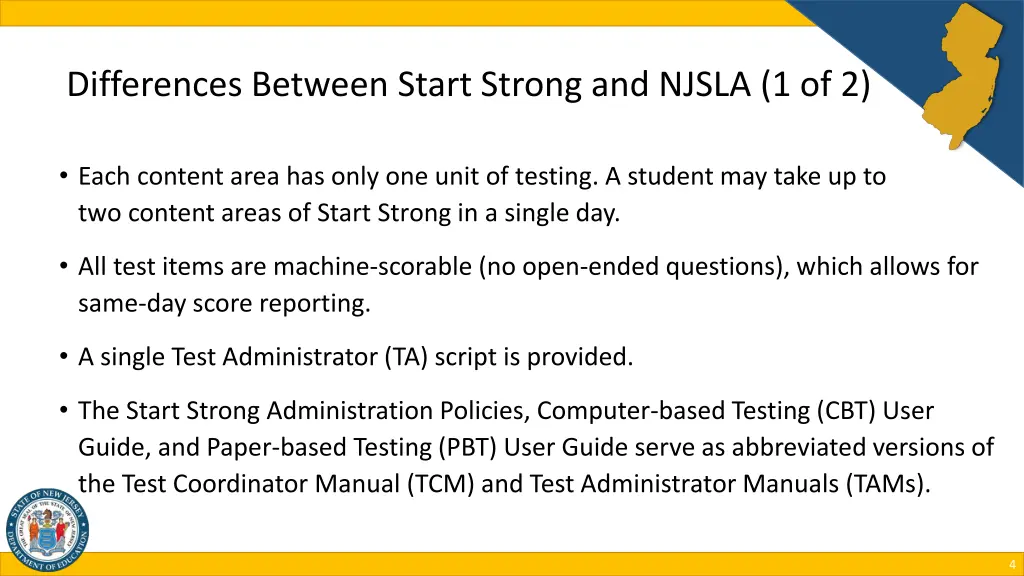 differences between start strong and njsla 1 of 2