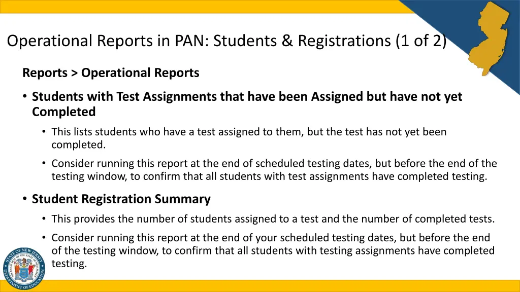 operational reports in pan students registrations