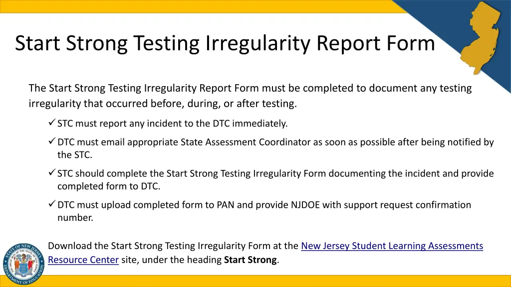 start strong testing irregularity report form