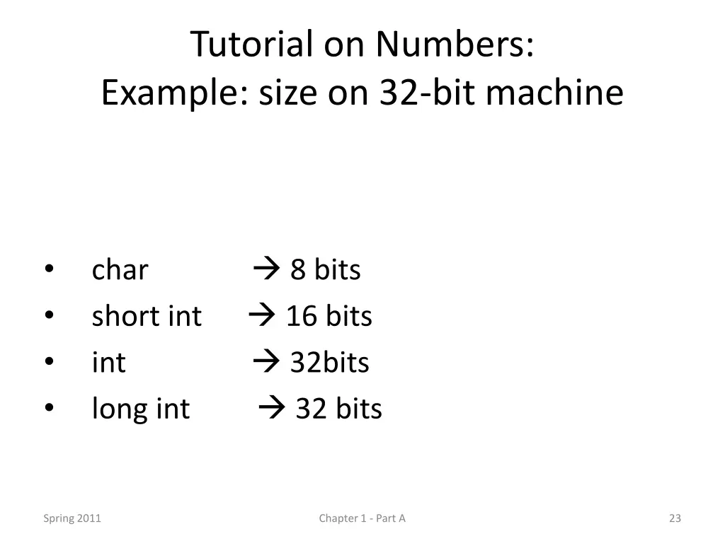 tutorial on numbers example size on 32 bit machine