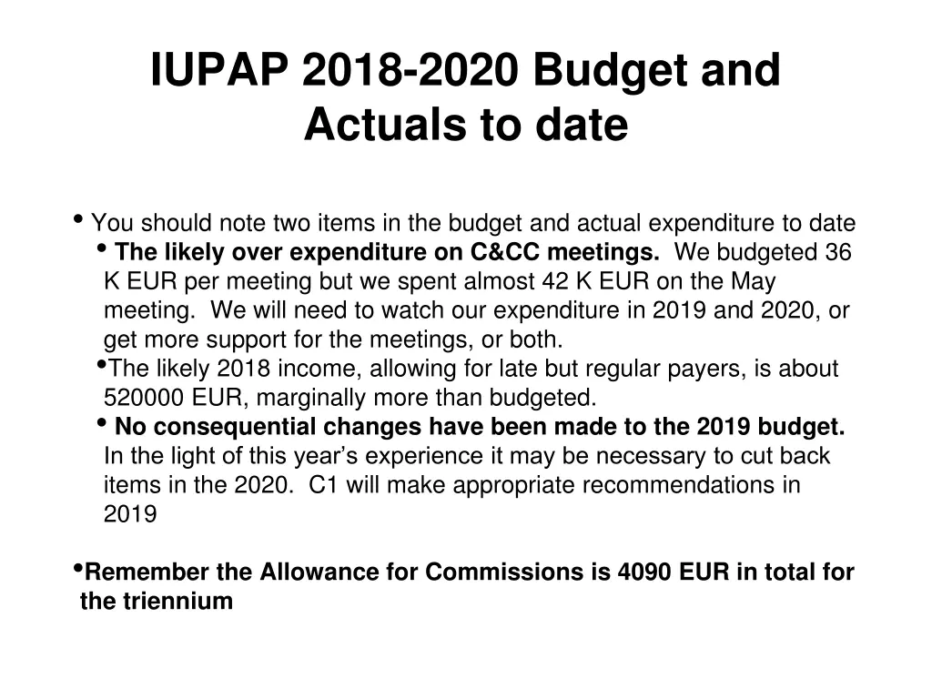 iupap 2018 2020 budget and actuals to date