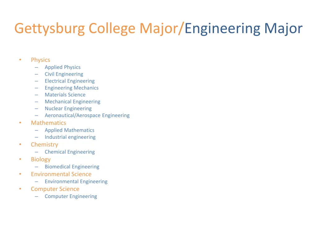 gettysburg college major engineering major