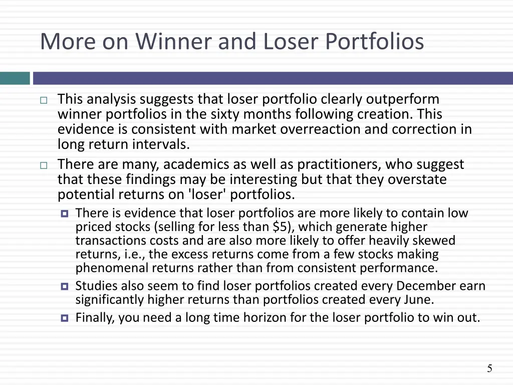 more on winner and loser portfolios