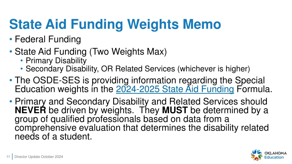state aid funding weights memo federal funding