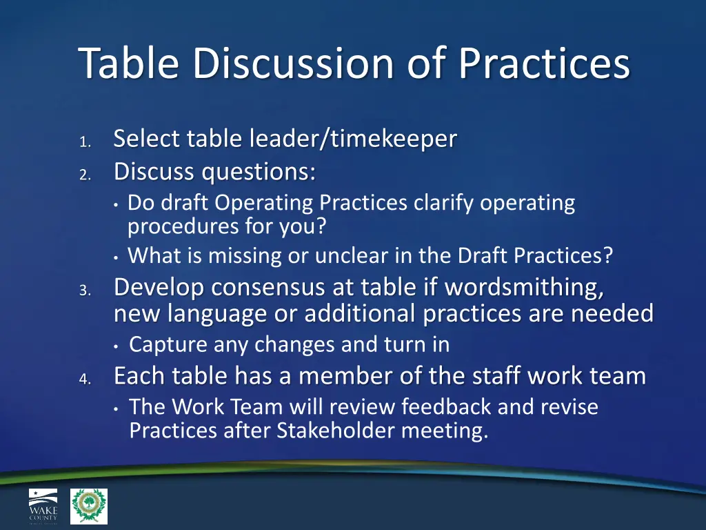 table discussion of practices