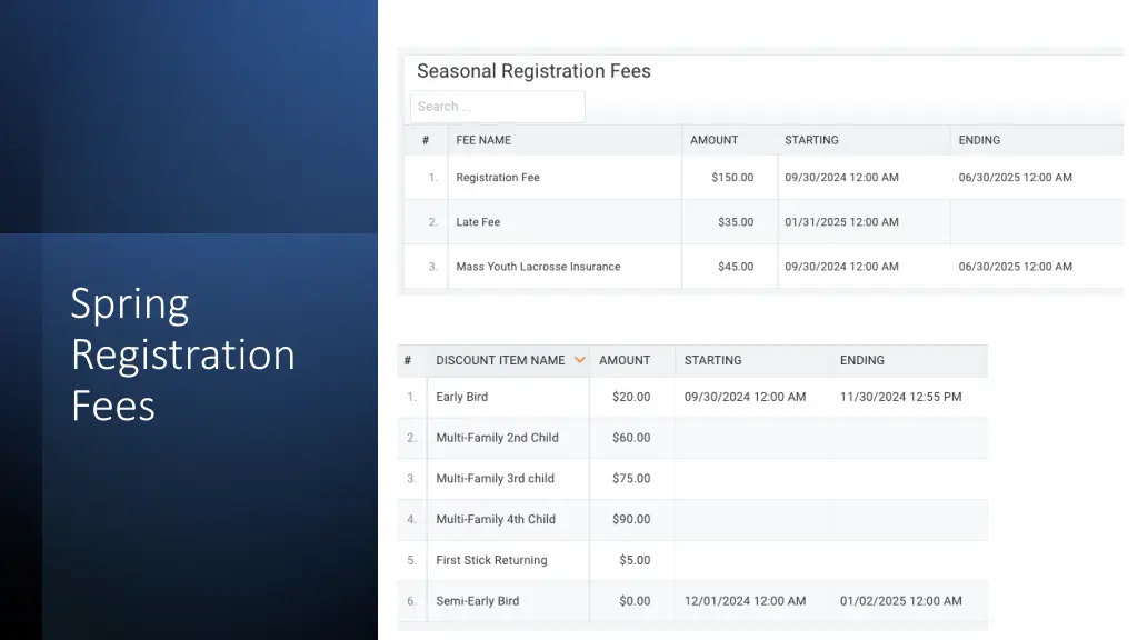 spring registration fees