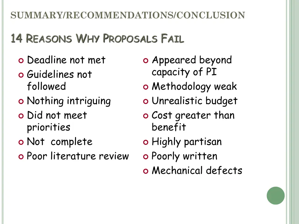 summary recommendations conclusion 14 r easons