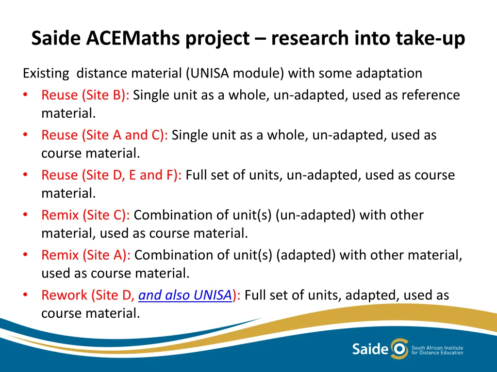 saide acemaths project research into take up