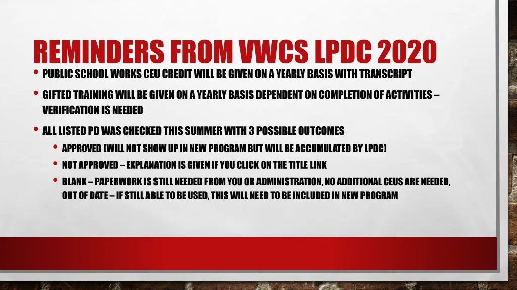 reminders from vwcs lpdc 2020 public school works