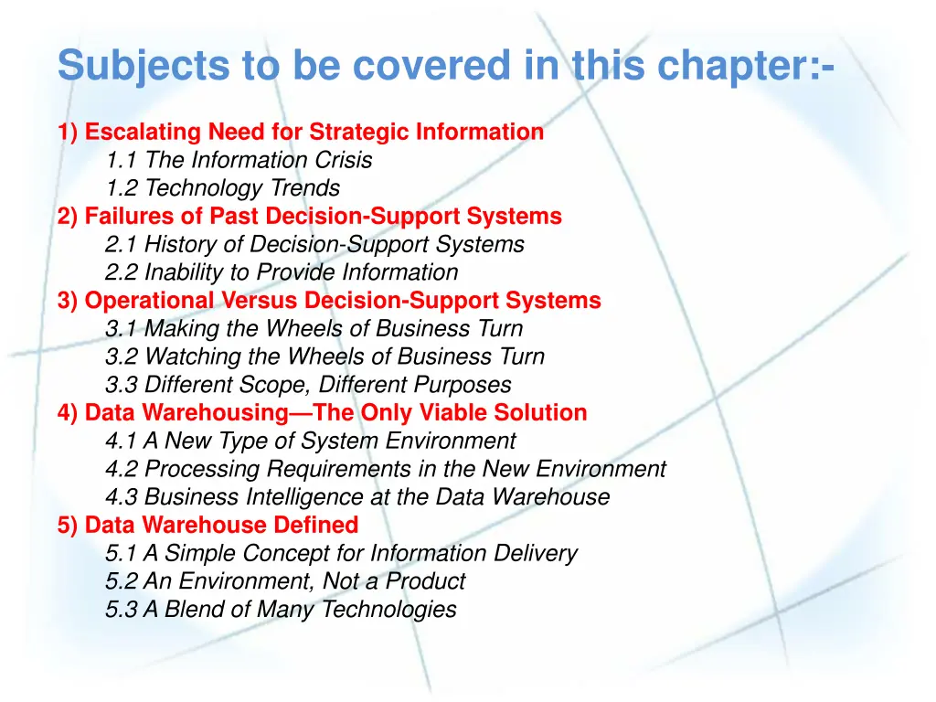 subjects to be covered in this chapter