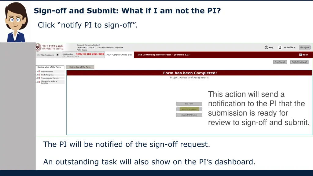 sign off and submit what if i am not the pi