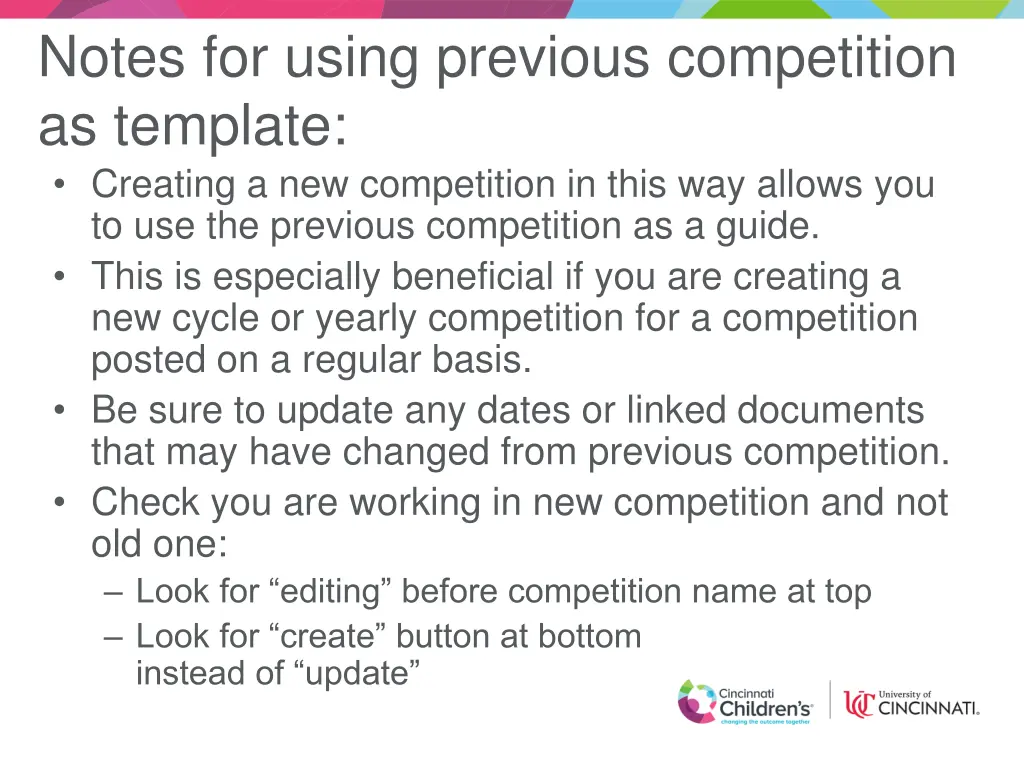 notes for using previous competition as template