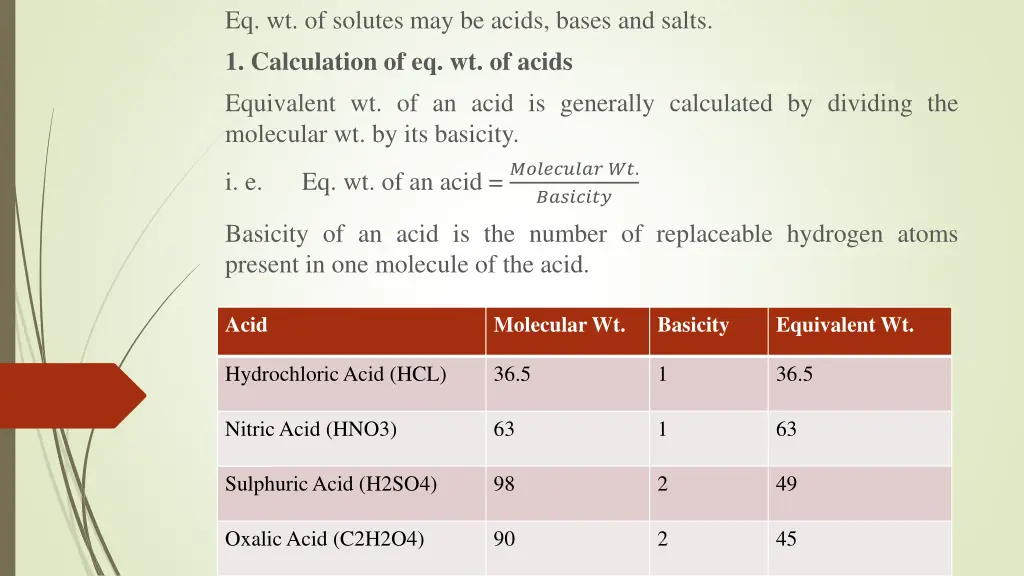 eq wt of solutes may be acids bases and salts