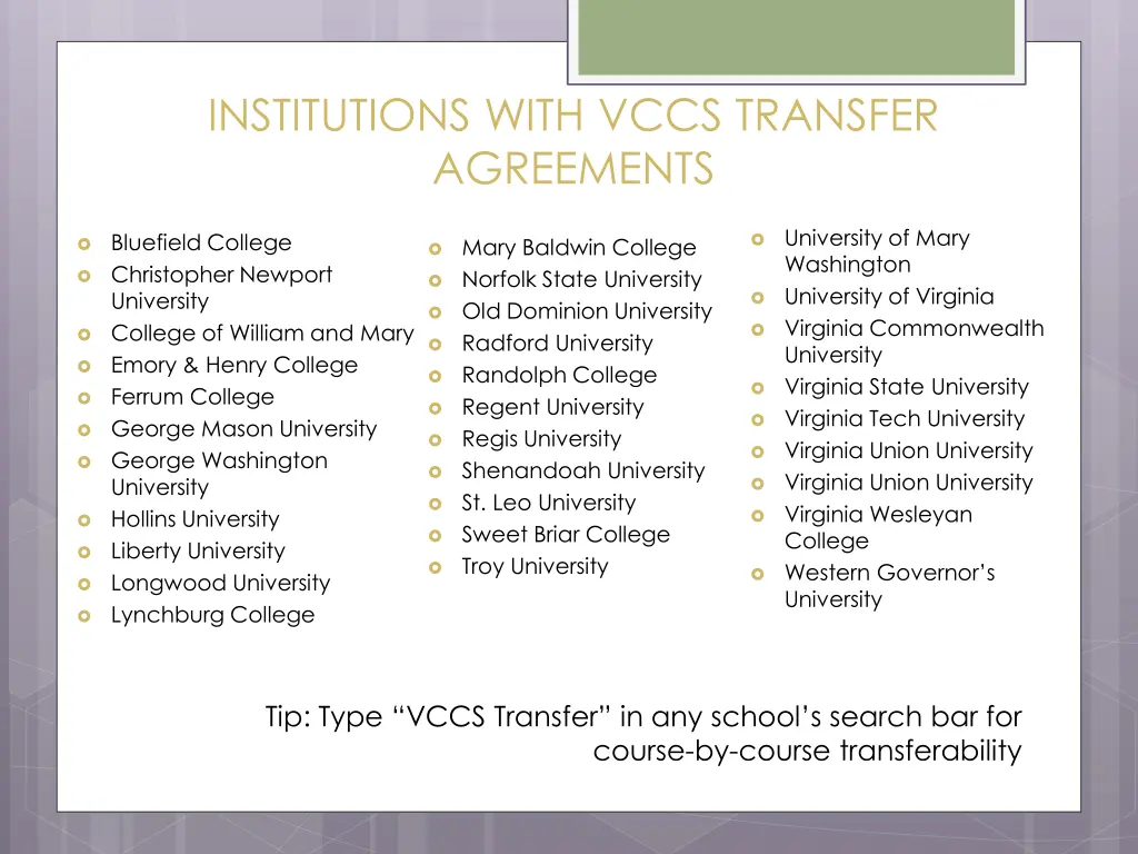 institutions with vccs transfer agreements