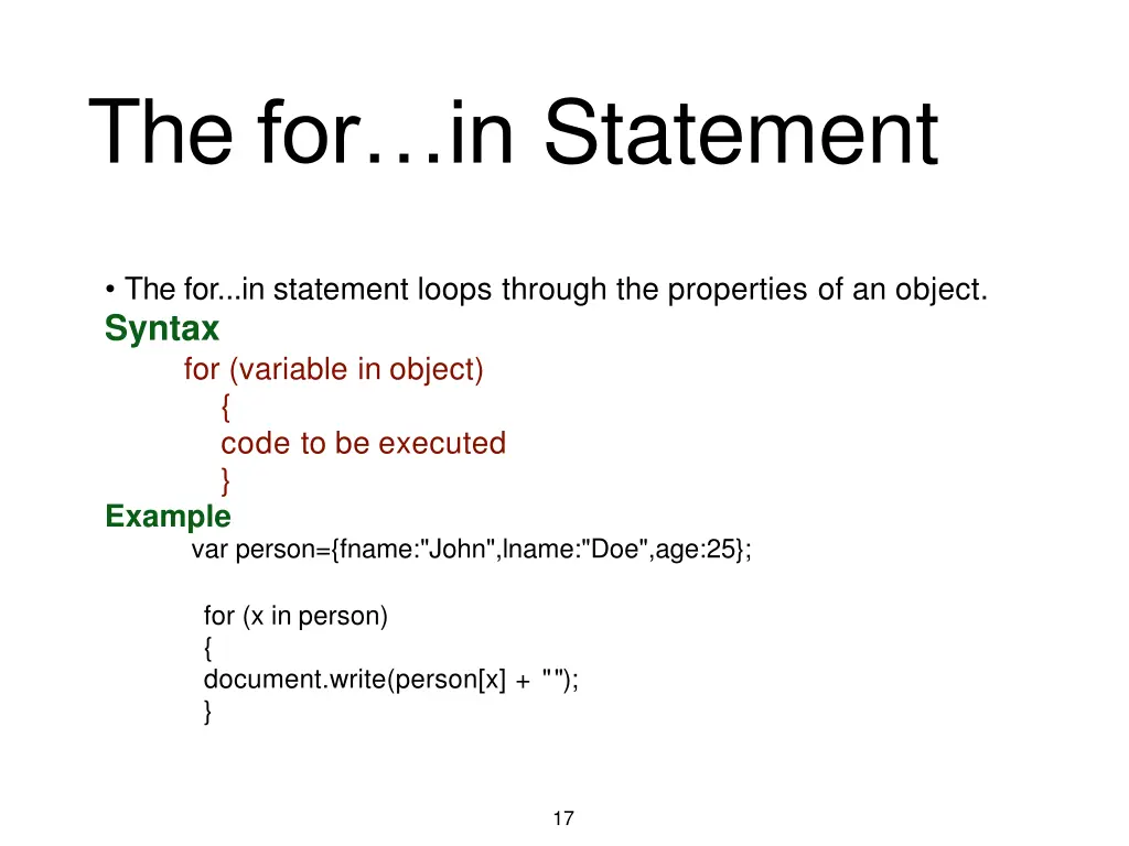the for in statement