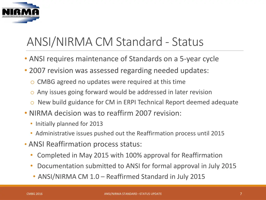 ansi nirma cm standard status