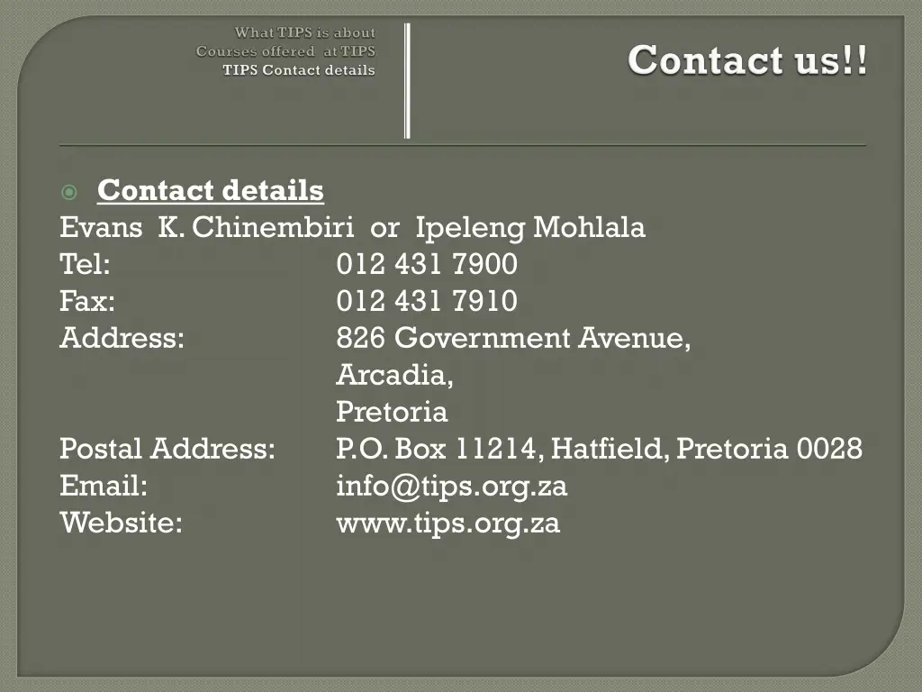 contact details evans k chinembiri or ipeleng