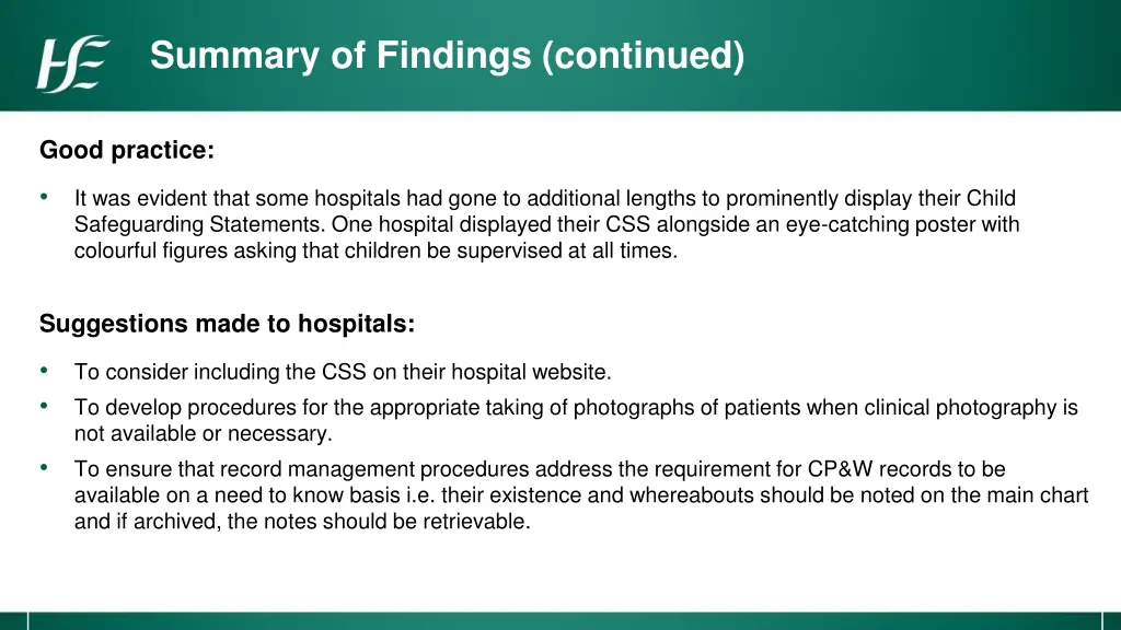 summary of findings continued