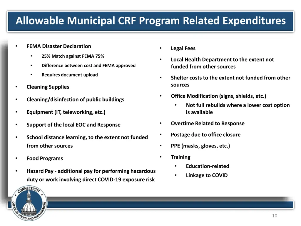 allowable municipal crf program related