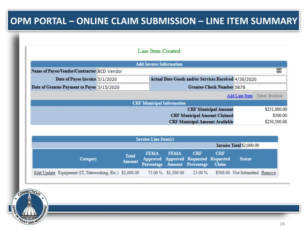 opm portal online claim submission line item