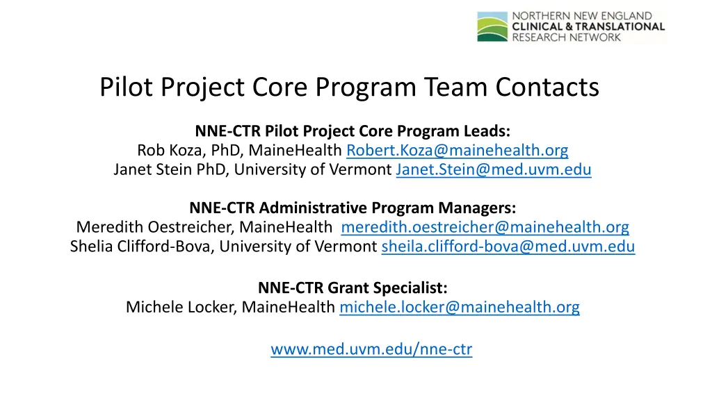 pilot project core program team contacts