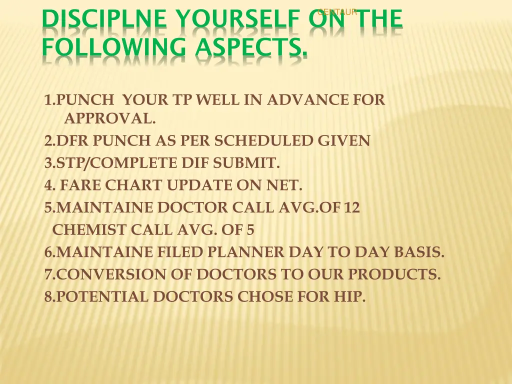 disciplne yourself on the following aspects