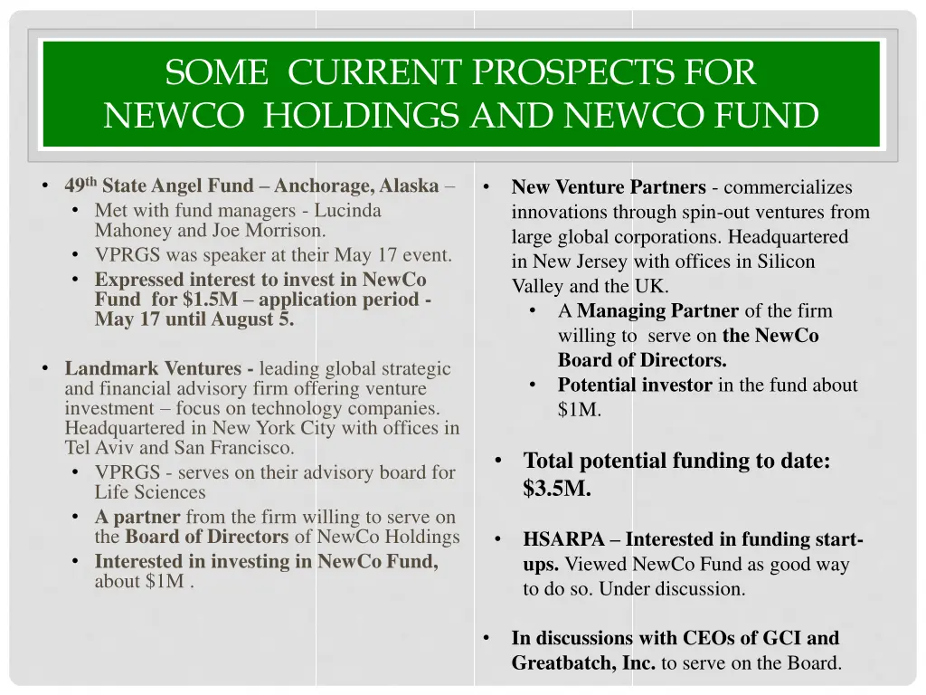 some current prospects for newco holdings