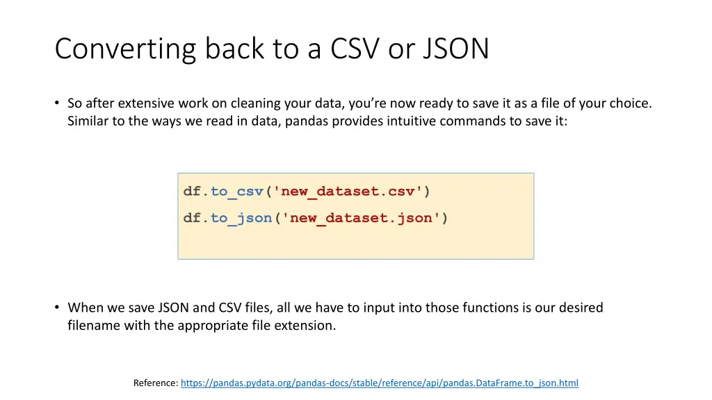 converting back to a csv or json