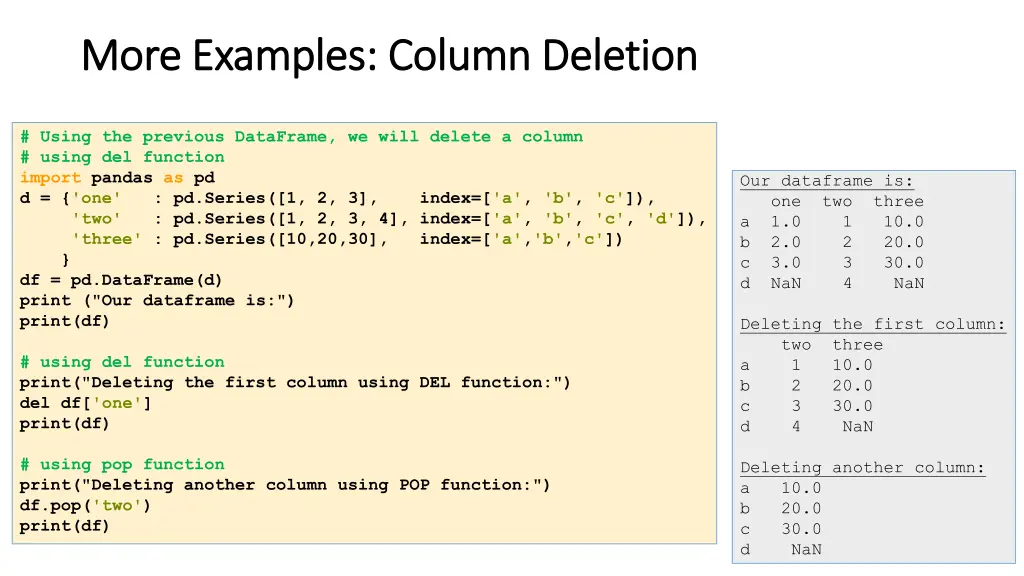 more examples more examples column deletion