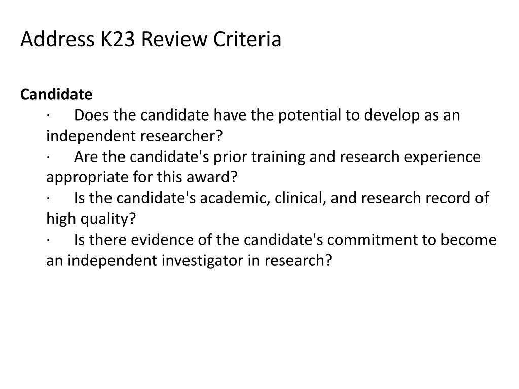 address k23 review criteria