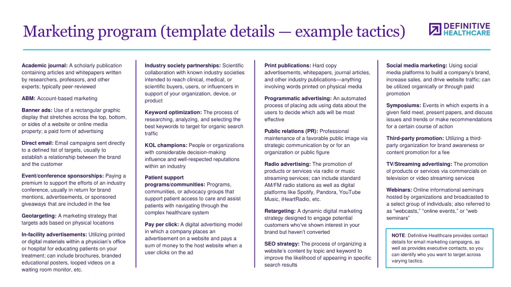 marketing program template details example tactics