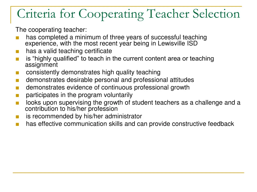 criteria for cooperating teacher selection 1