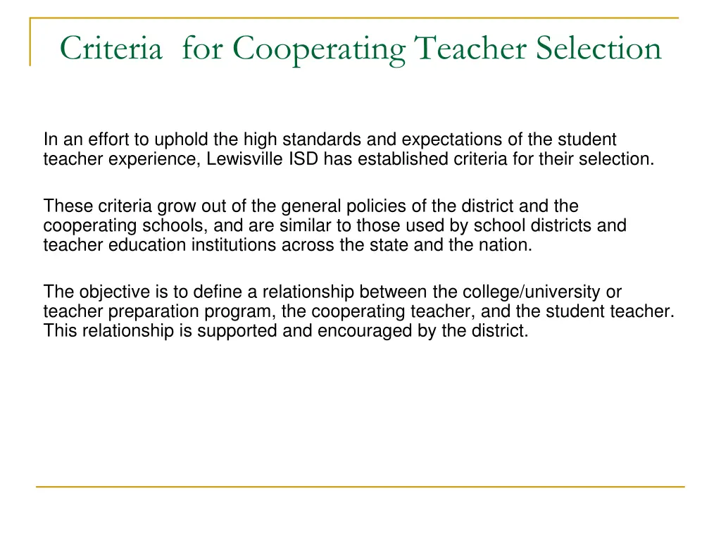 criteria for cooperating teacher selection