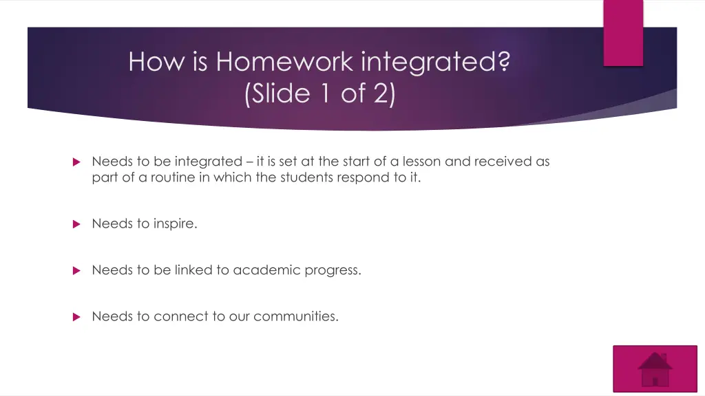 how is homework integrated slide 1 of 2