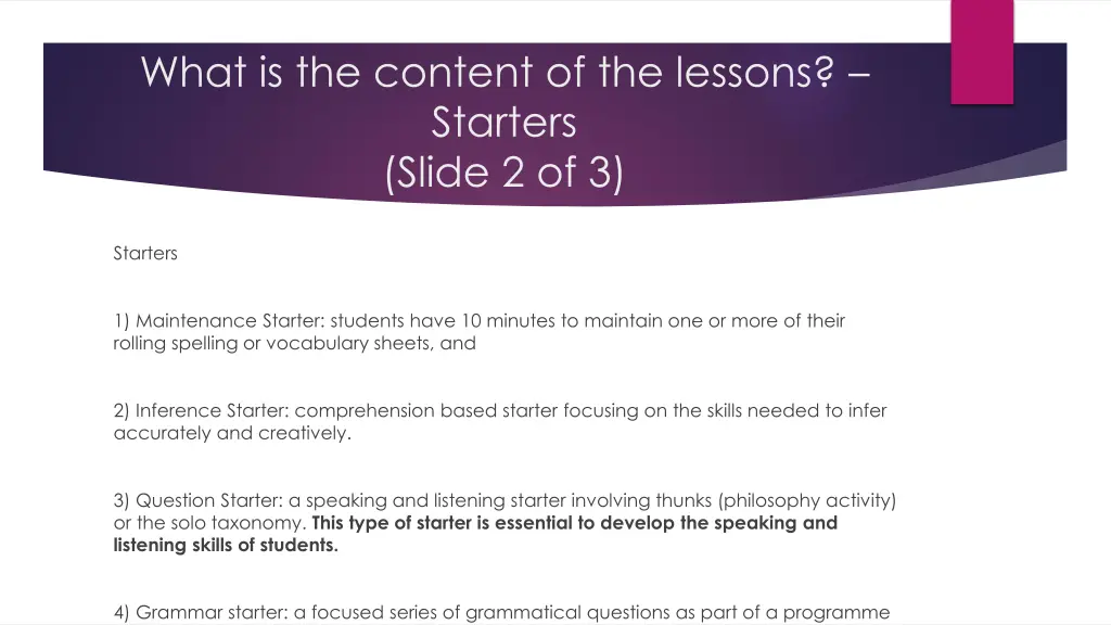 what is the content of the lessons starters slide