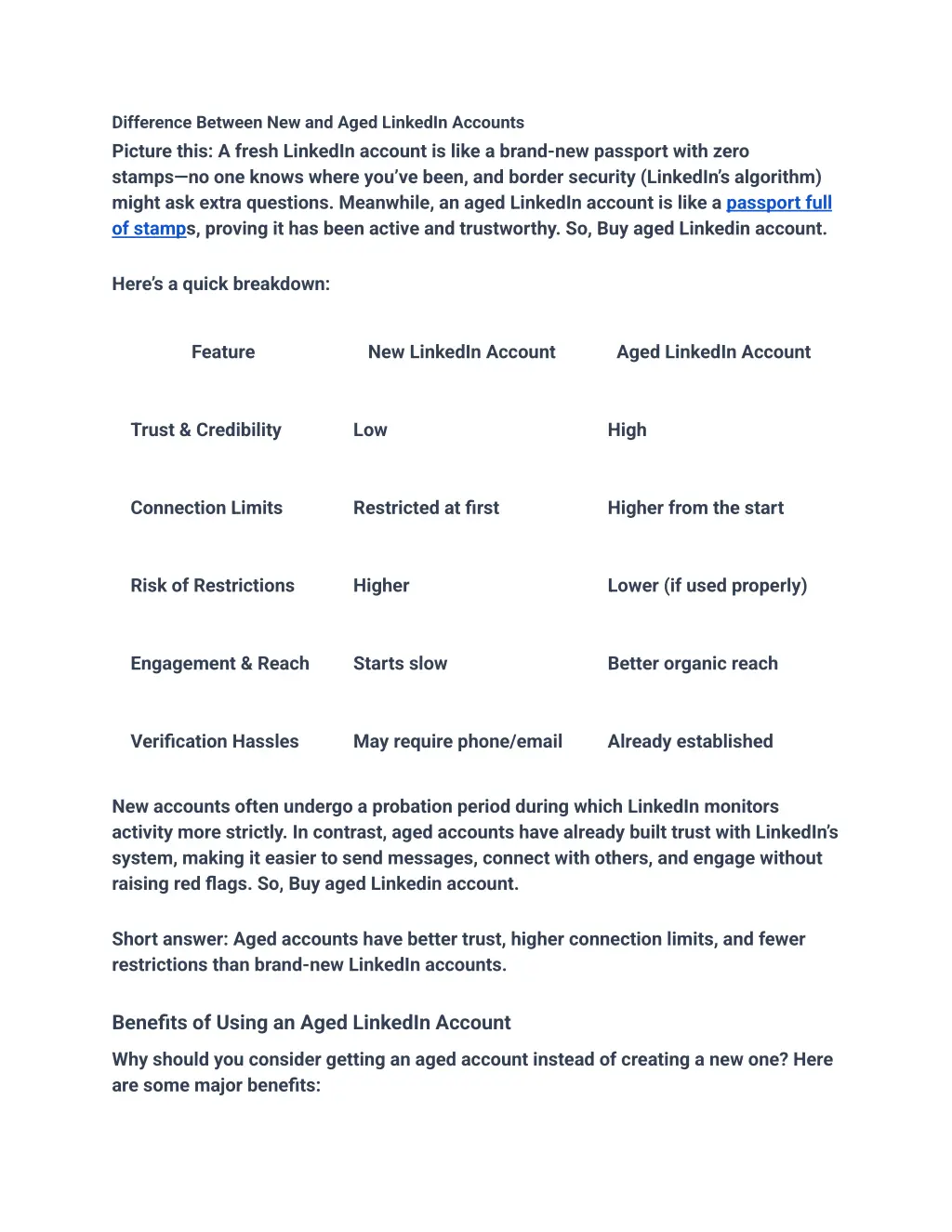 difference between new and aged linkedin accounts