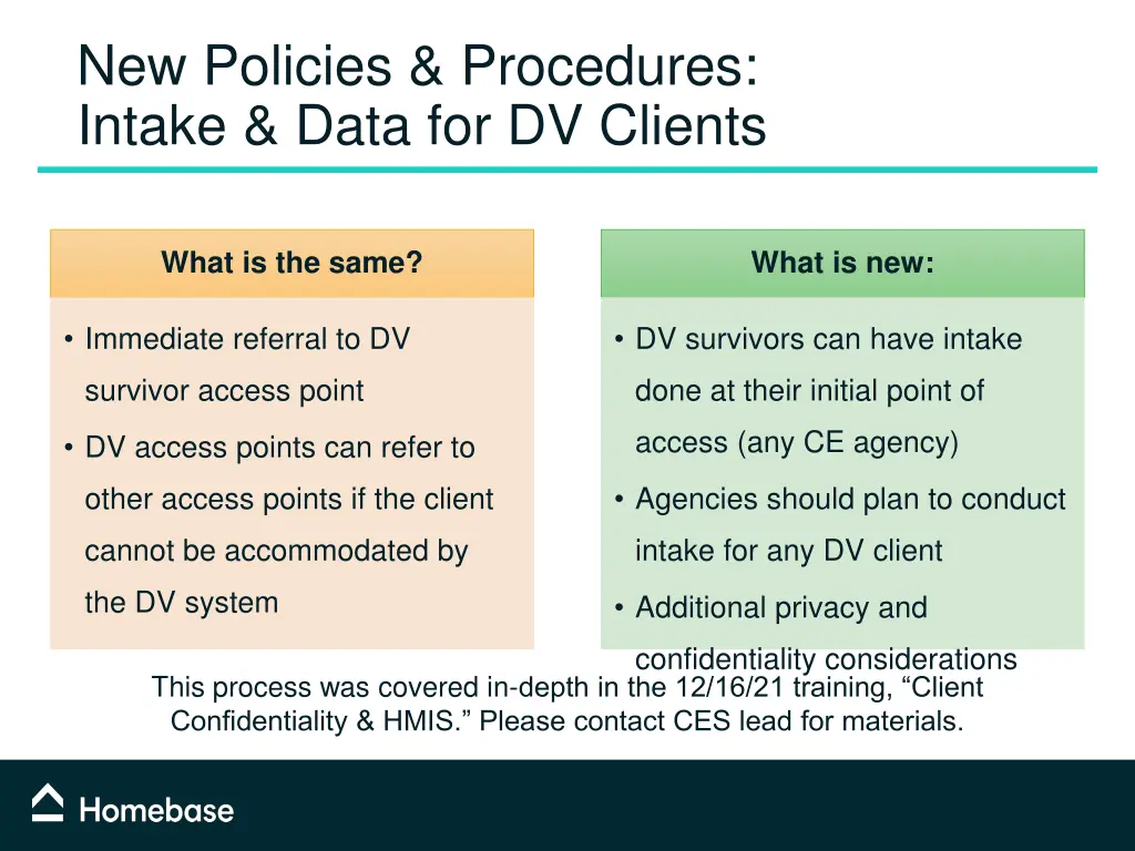 new policies procedures intake data for dv clients