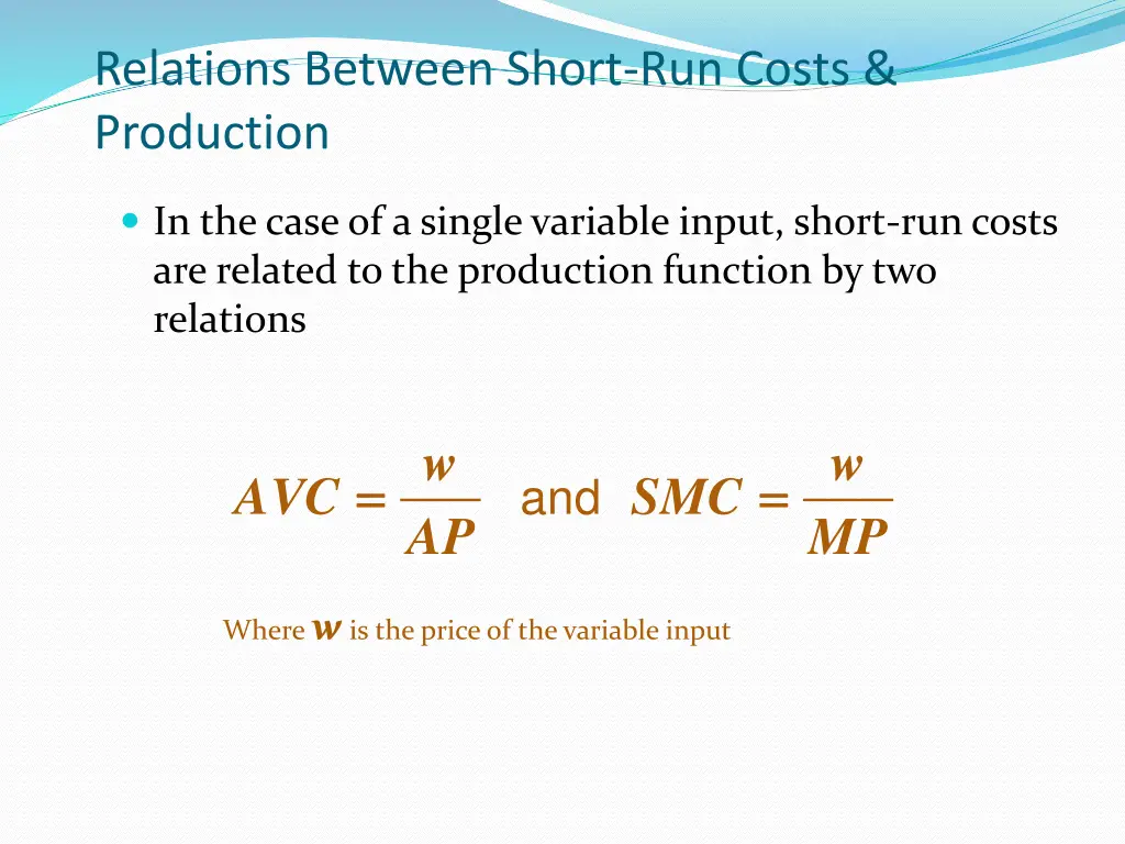 relations between short run costs production