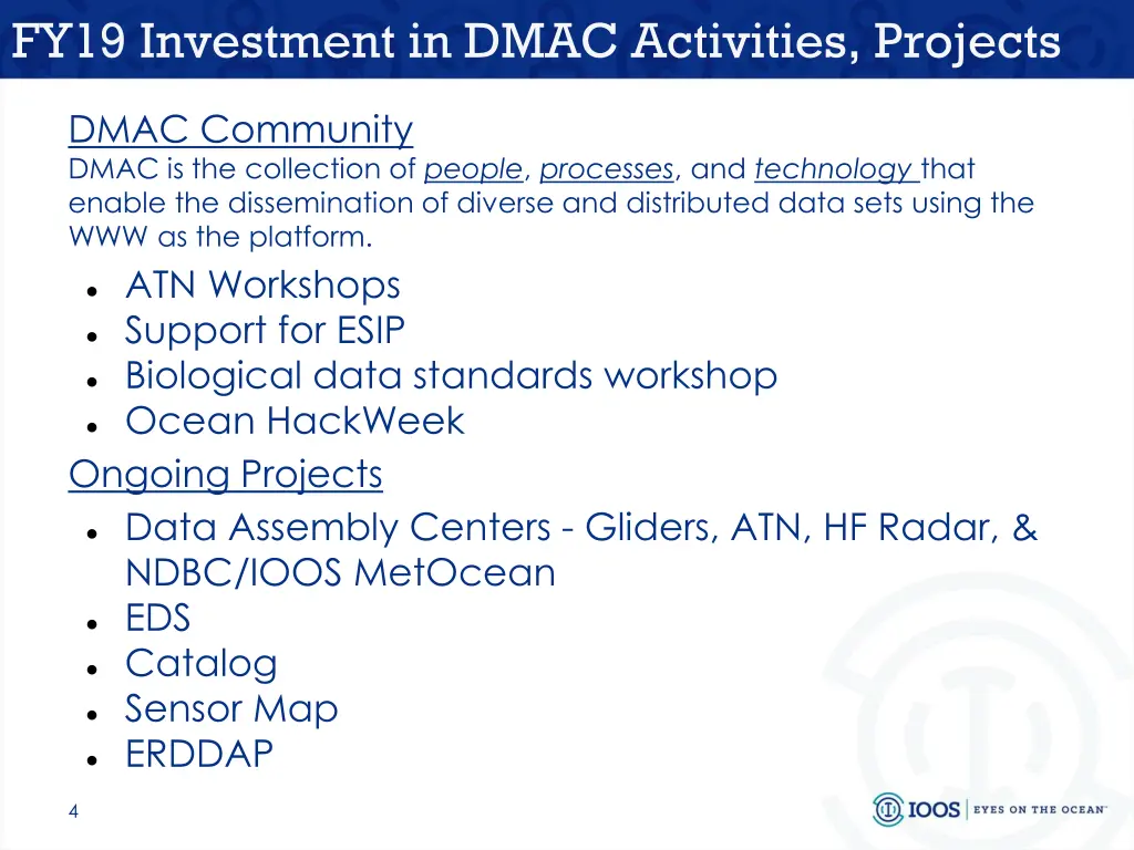 fy19 investment in dmac activities projects