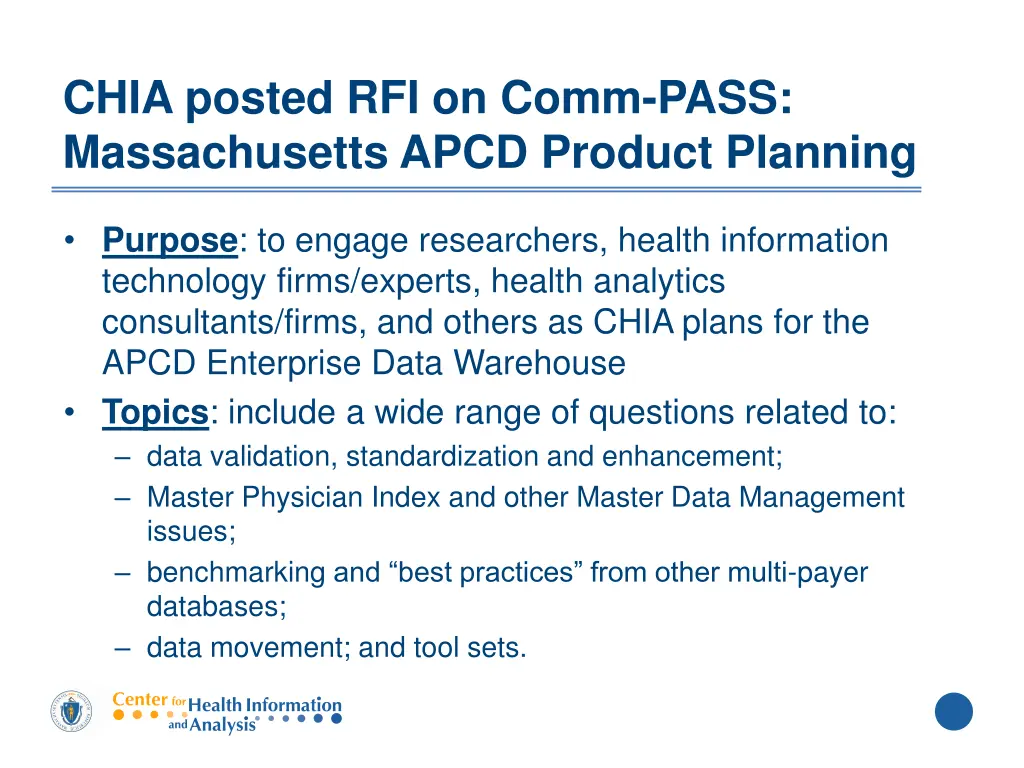 chia posted rfi on comm pass massachusetts apcd
