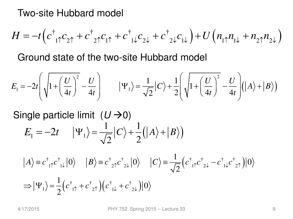 two site hubbard model 1 2 h t c c 1