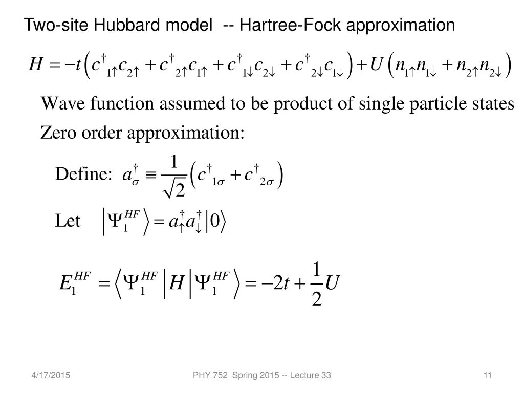 two site hubbard model hartree fock approximation