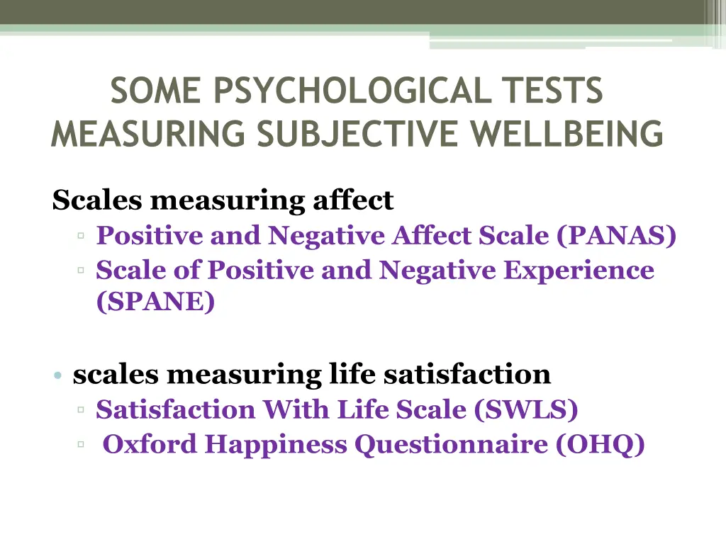 some psychological tests measuring subjective