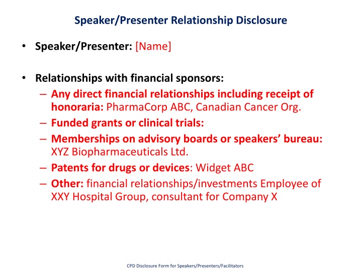speaker presenter relationship disclosure