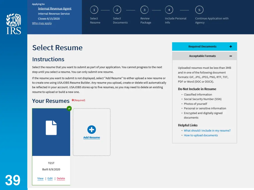 select resume page