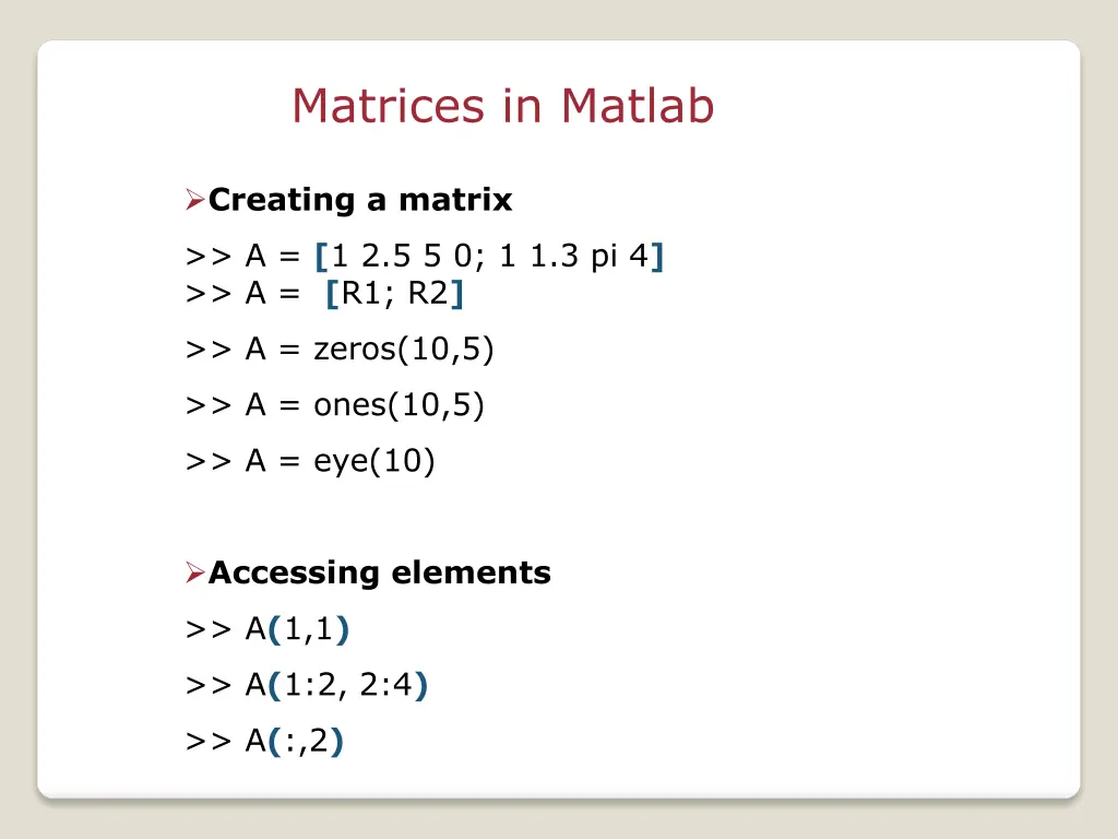 matrices in matlab