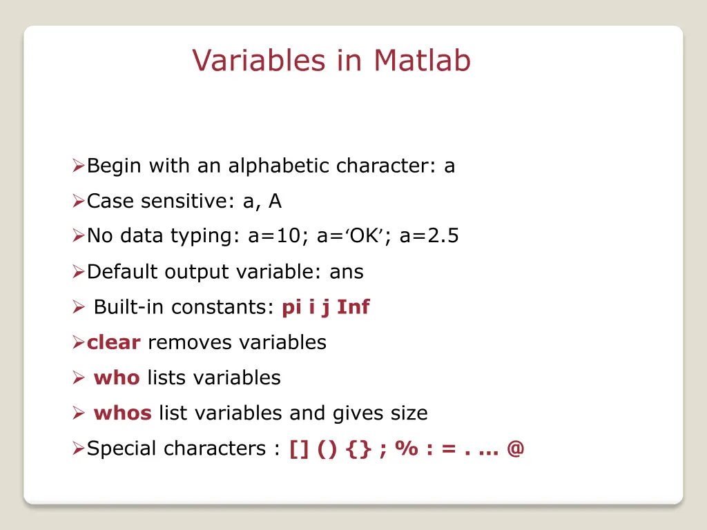 variables in matlab
