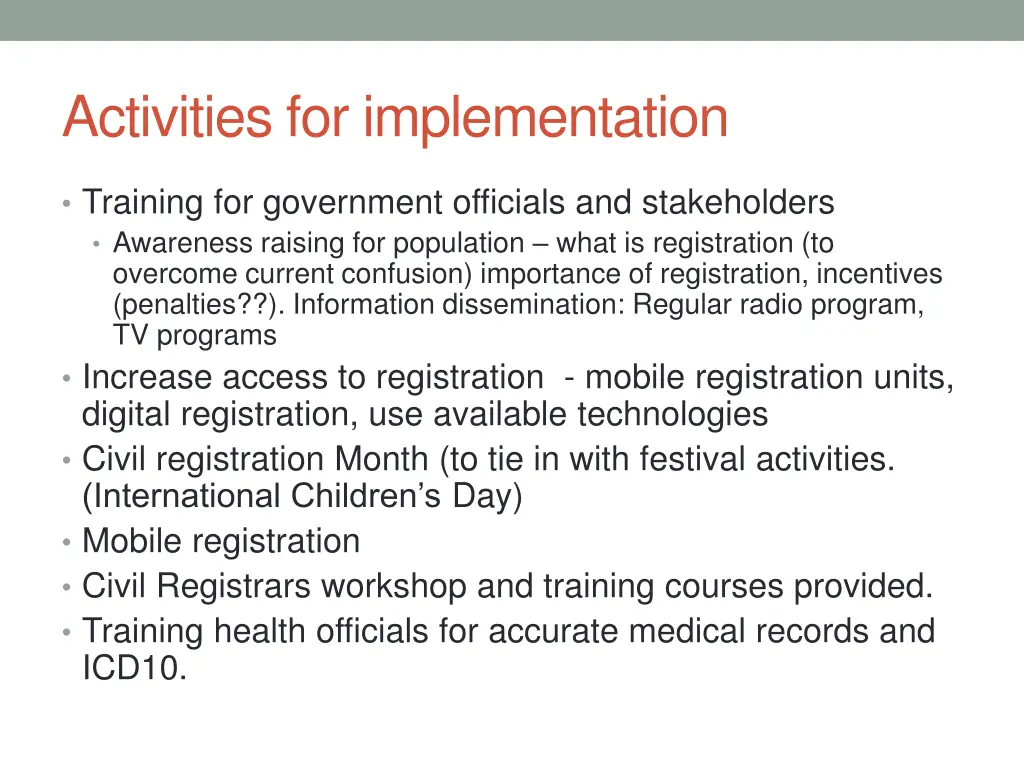 activities for implementation